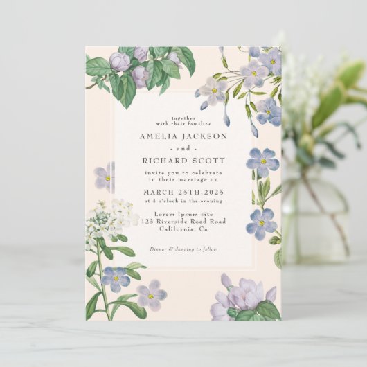 Stoffig blauw waterverf bloemenklassiek bruiloft kaart (Staand voorkant)