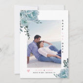 Stoffig blauw waterverf bloesem roze en foto save the date (Voorkant)