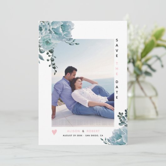 Stoffig blauw waterverf bloesem roze en foto save the date (Staand voorkant)