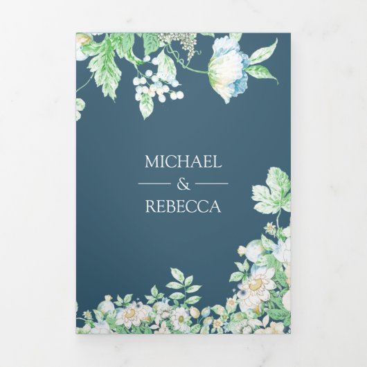 Stoffig Blauw Waterverf Botanisch Bladblad Bruilof Drieluik Uitnodiging (Cover)