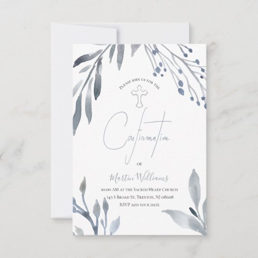 stoffig blauw waterverf gebladerte bevestiging kaart (Voorkant)