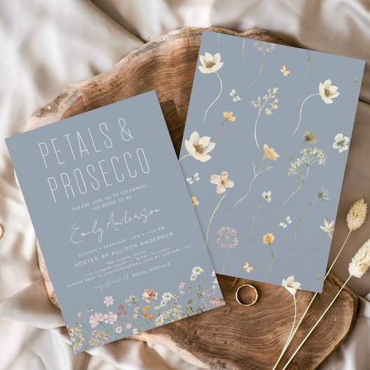 Stoffig Blauw Wildbloem Petals & Prosecco Bridal Kaart