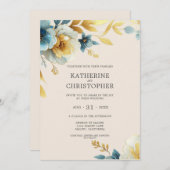 Stoffig Blauw Wildbloemen Beige Elegant Bruiloft Kaart (Voorkant / Achterkant)