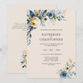 Stoffig Blauw Wildbloemen Elegant Beige Bruiloft Kaart (Voorkant / Achterkant)