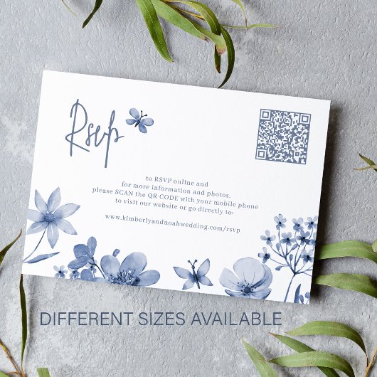 Stoffig blauw wildflower QR code bruiloft RSVP Informatiekaartje