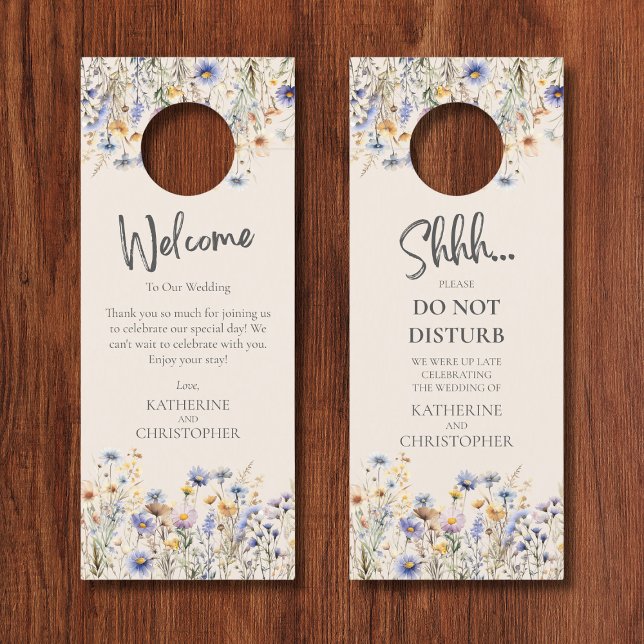 Stoffig blauw Wildflower Shhh niet storen bruiloft Deurhanger (BOHO Blue Wildflower Wedding Shhh Door Hanger, with Welcome Message, Couple Names.)