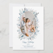 Stoffig Blauw Winter Foliage Krans Familie Foto Ch Feestdagenkaart (Voorkant)