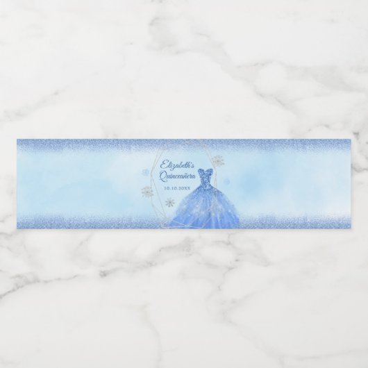 Stoffig Blauw Winter Sneeuwvlok Quinceañera Waterfles Etiket (Enkel label)