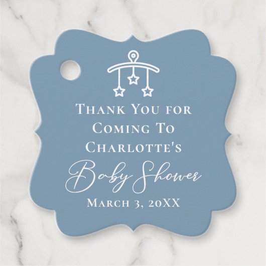 Stoffig blauw wit Baby shower gepersonaliseerd Bedankjes Labels (Voorkant)