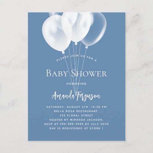Stoffig blauw wit ballonnen jongen baby shower uitnodiging briefkaart (Voorkant)