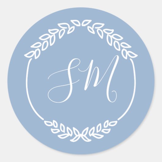 Stoffig Blauw Wit Blad Krans Monogram Bruiloft Ronde Sticker (Voorkant)