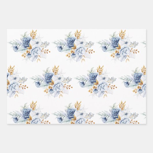 Stoffig Blauw Wit Blauw Goud Bloemen Bruiloft Inpakpapier Vel (Voorkant 3)