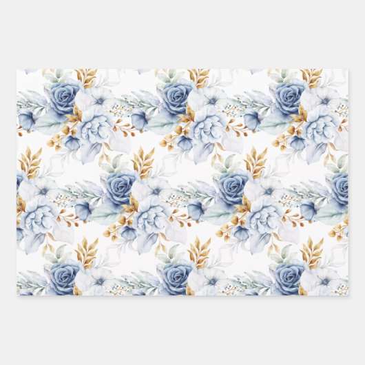 Stoffig Blauw Wit Blauw Goud Bloemen Bruiloft Inpakpapier Vel (Voorkant)