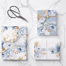 Stoffig Blauw Wit Blauw Goud Bloemen Bruiloft Inpakpapier Vel
