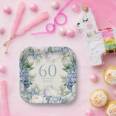 Stoffig Blauw Wit Bloemen 60ste Verjaardag Papieren Bordje (Feest)