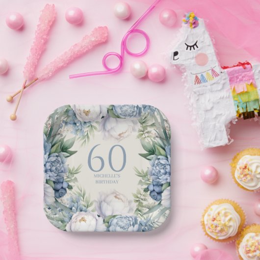 Stoffig Blauw Wit Bloemen 60ste Verjaardag Papieren Bordje (Feest)