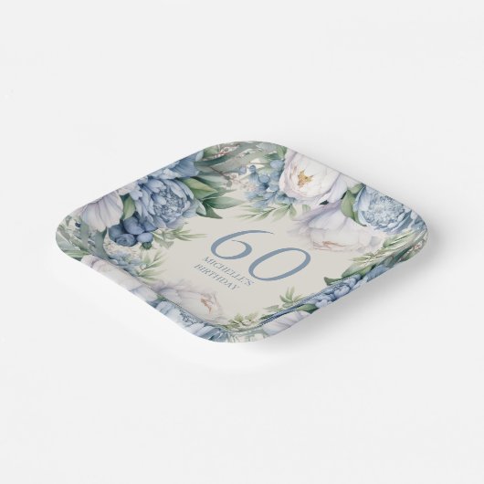 Stoffig Blauw Wit Bloemen 60ste Verjaardag Papieren Bordje (Gebogen)