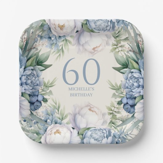 Stoffig Blauw Wit Bloemen 60ste Verjaardag Papieren Bordje (Voorkant)