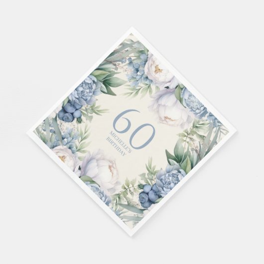 Stoffig Blauw Wit Bloemen 60ste Verjaardag Servet (Hoek)
