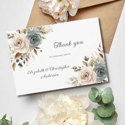 Stoffig Blauw Wit Bloemen Botanisch Groen Bruiloft Bedankkaart