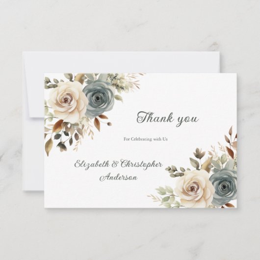 Stoffig Blauw Wit Bloemen Botanisch Groen Bruiloft Bedankkaart (Voorkant)