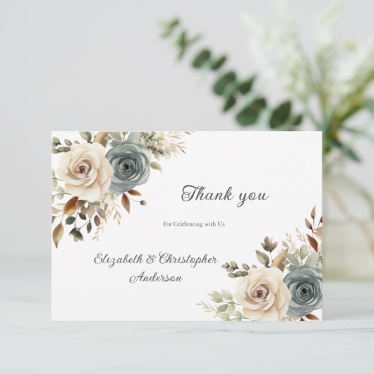 Stoffig Blauw Wit Bloemen Botanisch Groen Bruiloft Bedankkaart (Staand voorkant)