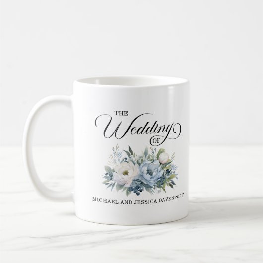 Stoffig Blauw Wit Bloemen Bruiloft Favor Koffiemok (Links)