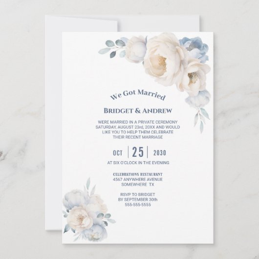 Stoffig Blauw Wit Bloemen Bruiloft Receptie Kaart (Voorkant)