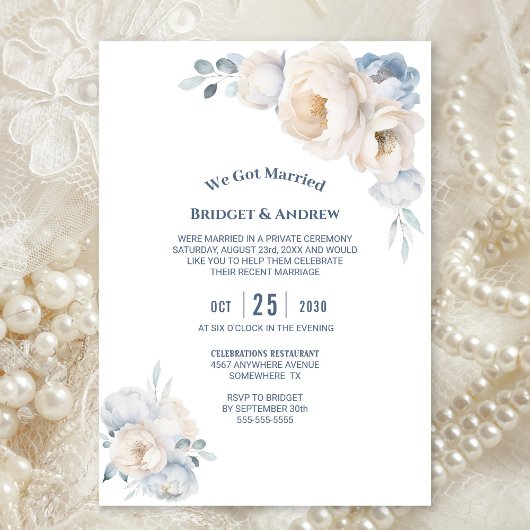 Stoffig Blauw Wit Bloemen Bruiloft Receptie Kaart