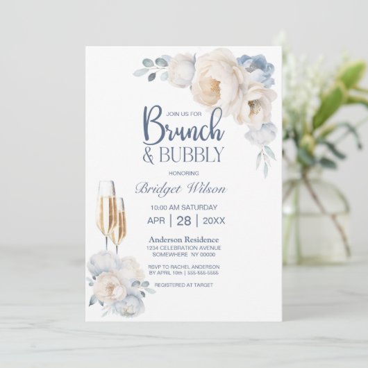 Stoffig Blauw Wit Bloemen Brunch en Bubble Kaart (Staand voorkant)