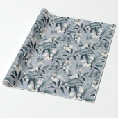 Stoffig Blauw Wit Bloemen Eucalyptus Cadeaupapier (Uitgerold)