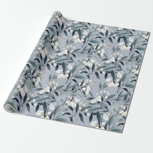 Stoffig Blauw Wit Bloemen Eucalyptus Cadeaupapier (Uitgerold)