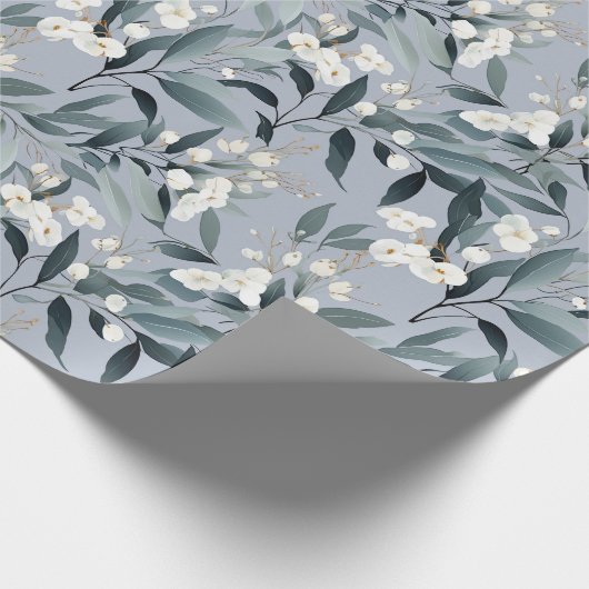 Stoffig Blauw Wit Bloemen Eucalyptus Cadeaupapier (Hoek)