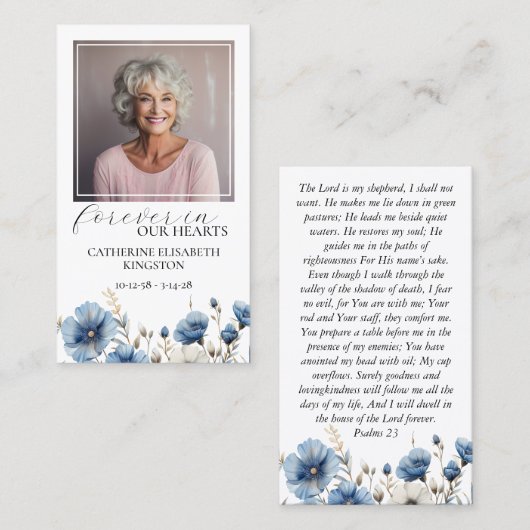 Stoffig Blauw Wit Bloemen Foto Memorial Gebed Kaar Visitekaartje (Voorkant / Achterkant)