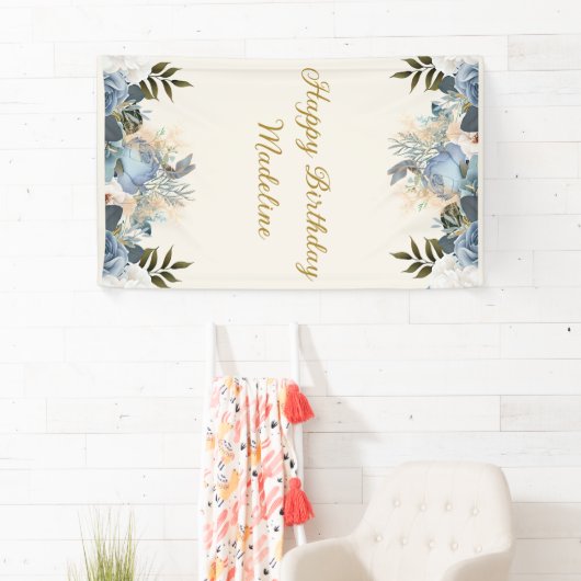 Stoffig Blauw Wit Bloemen Gelukkige Verjaardag Ver Spandoek (Insitu)