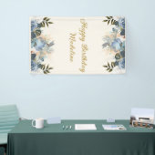 Stoffig Blauw Wit Bloemen Gelukkige Verjaardag Ver Spandoek (Beurs)