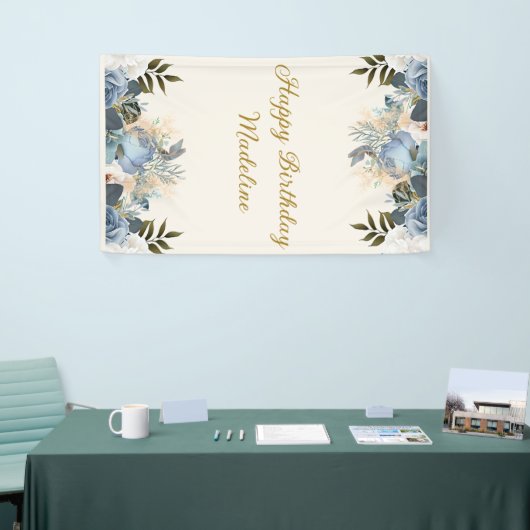 Stoffig Blauw Wit Bloemen Gelukkige Verjaardag Ver Spandoek (Beurs)