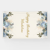 Stoffig Blauw Wit Bloemen Gelukkige Verjaardag Ver Spandoek (Horizontaal)