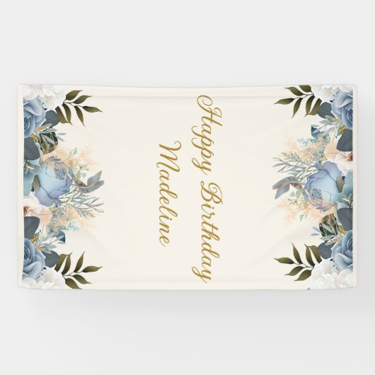 Stoffig Blauw Wit Bloemen Gelukkige Verjaardag Ver Spandoek (Horizontaal)