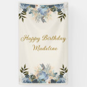 Stoffig Blauw Wit Bloemen Gelukkige Verjaardag Ver Spandoek (Verticaal)