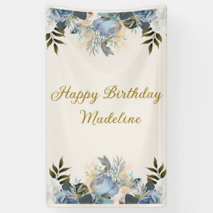 Stoffig Blauw Wit Bloemen Gelukkige Verjaardag Ver Spandoek