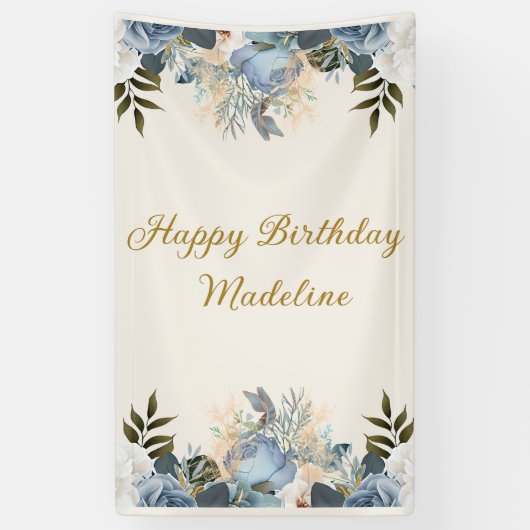 Stoffig Blauw Wit Bloemen Gelukkige Verjaardag Ver Spandoek (Verticaal)