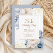 Stoffig Blauw Wit Bloemen Goud Glitter 75e Verjaar Kaart