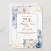 Stoffig Blauw Wit Bloemen Goud Glitter 75e Verjaar Kaart (Voorkant)