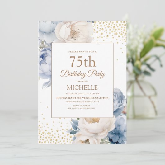 Stoffig Blauw Wit Bloemen Goud Glitter 75e Verjaar Kaart (Staand voorkant)
