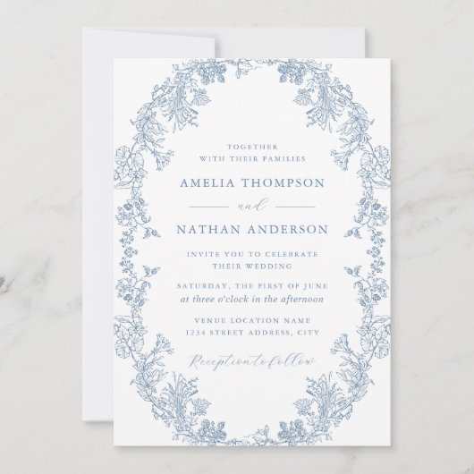 Stoffig Blauw Wit  Bloemen Huwelijk Kaart (Voorkant)