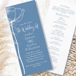 Stoffig Blauw Wit Bloemen Moderne Minimale Bruilof Programmakaart