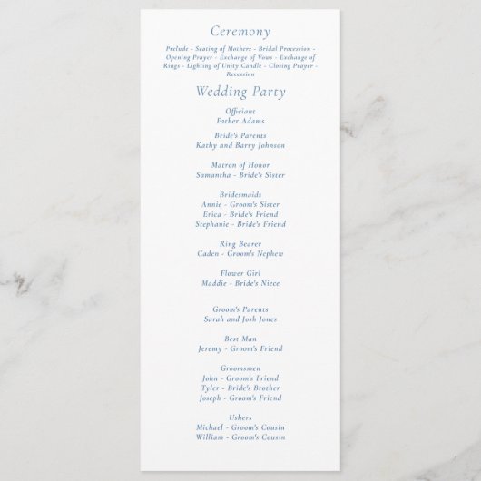 Stoffig Blauw Wit Bloemen Moderne Minimale Bruilof Programmakaart (Achterkant)