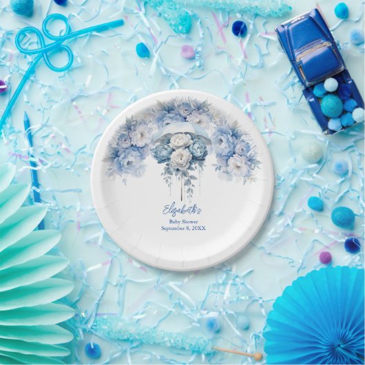 Stoffig Blauw Wit Bloemen Paraplu Baby shower Papieren Bordje (Feest)