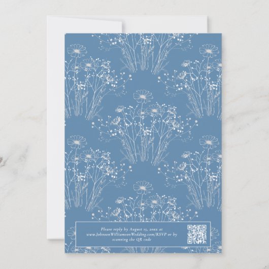 Stoffig Blauw Wit Bloemen QR Code Elegant Bruiloft Kaart (Achterkant)